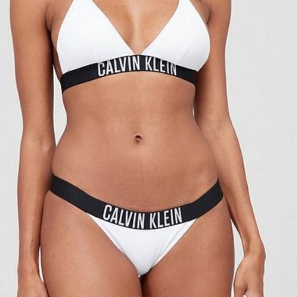 Calvin Klein 2 pc White Black Logo Triangle Bikini Top w Logo Bottoms sz Large